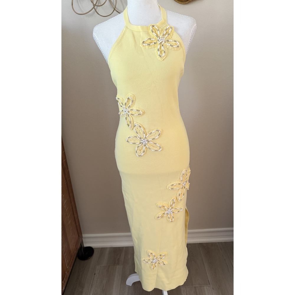 Endless Rose Butter Yellow Beaded Flower Detail Halter Midi Dress Size Small